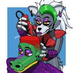 alternate_hairstyle anthro barber duo ear_piercing ear_ring electric_hair_clipper female haircut hairstyle_change half-closed_eyes hand_on_head hi-top_fade holding_object lipstick machine makeup male narrowed_eyes piercing ring_piercing rodentgame five_nights_at_freddy's five_nights_at_freddy's:_security_breach low_taper_fade_(meme) scottgames steel_wool_studios montgomery_gator roxanne_wolf animatronic canid canine canis crocodile crocodilian mammal reptile robot scalie wolf 1:1 hi_res