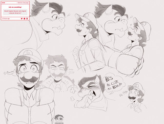4_fingers 5_fingers alternate_universe anthro arms_bent biped biting_own_finger black_eyebrows blush blush_lines blushing_profusely bottomwear closed_frown clothed clothed_human clothed_male clothing comparing confusion cravat duo exclamation_point eye_contact eyebrows eyes_closed facial_hair fingerless_gloves fingers first_person_view frown frowning_at_another fully_clothed fully_clothed_human fully_clothed_male furrowed_eyebrows gloves grey_background grey_body grey_clothing grey_cravat grey_eyebrows grey_eyes grey_facial_hair grey_fingerless_gloves grey_gloves grey_hair grey_handwear grey_horn grey_kerchief grey_mustache grey_neckerchief grey_overalls grey_scales grey_sclera grey_shirt grey_teeth grey_topwear hair handwear hero holding_another horn insult kerchief king larger_anthro larger_male logo looking_at_another looking_at_viewer male male/male male_anthro male_human medium_hair mouth_closed mustache neckerchief neckwear number overalls pants ponytail question question_mark reminder role_reversal royalty scales sharp_teeth shirt short_hair short_horn simple_background size_difference small_horn smaller_human smaller_male smoke standing stubble teeth text thick_eyebrows topwear yelling feeniroir mario_bros nintendo bowser captain_bowser king_luigi luigi human koopa mammal scalie 2025 artist_logo artist_name digital_drawing_(artwork) digital_media_(artwork) english_description english_text hi_res multiple_scenes shaded