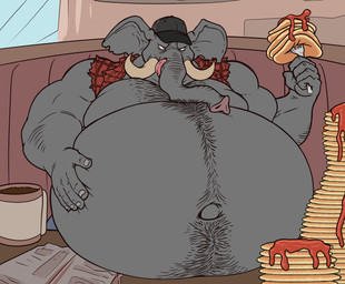 anthro belly belly_hair big_belly bloated bodily_fluids body_hair chest_hair clothing food grey_body grey_skin hand_on_belly happy_trail hat headgear headwear huge_belly licking licking_lips male mature_male musclegut muscular muscular_male navel outie_navel overweight overweight_male pancake saliva solo tongue tongue_out trucker tusks eggo21 elephant elephantid mammal proboscidean hi_res
