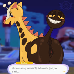 animal_genitalia anus bedroom_eyes blush blush_lines bodily_fluids brown_body butt clitoris darkened_genitalia drooling equine_genitalia female feral genitals glistening glistening_butt glistening_eyelids glistening_genitalia living_tail looking_back narrowed_eyes presenting presenting_hindquarters puffy_anus raised_tail saliva seductive smile smiling_at_viewer solo speech_bubble tail tail_head text unusual_anatomy unusual_tail vulva yellow_body yellow_eyes anonymous_gardevoir nintendo pokemon pokemon_pokopia generation_2_pokemon girafarig mammal pokemon_(species) 1:1 english_text hi_res