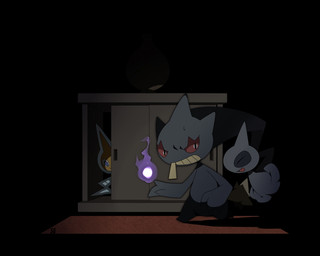 3_fingers ambiguous_gender body_zipper cabinet colored_fire dark eyes_closed fingers fire flying group looking_aside nude open_mouth open_smile purple_fire red_eyes smile standing toony zipper zipper_mouth sg_(suuchan) nintendo pokemon banette generation_3_pokemon generation_4_pokemon ghost humanoid normal_rotom pokemon_(species) rotom shuppet spirit 5:4 cel_shading shaded