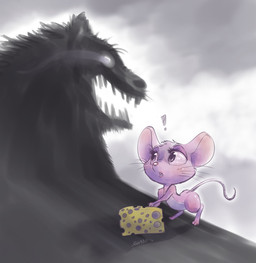 ambiguous_gender cheese dairy_products duo exclamation_point feral food glowing glowing_eyes grey_body head_tuft looking_aside open_mouth pink_nose semi-anthro shadow sharp_teeth simple_background standing teeth tuft whiskers furnut canid canine canis mammal mouse murid murine rodent wolf 2015 hi_res