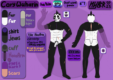 abs amputee anthro anus areola balls biceps biped black_body black_fur black_hair black_nose body_hair butt color_swatch cybernetic_arm cybernetic_limb disability ear_piercing ear_ring eyebrows facial_hair facial_piercing foreskin fur genitals gesture glans goatee hair happy_trail humanoid_genitalia humanoid_penis looking_at_viewer male mohawk muscular muscular_anthro muscular_male navel nipple_piercing nipples nose_piercing nose_ring notched_ear nude partially_retracted_foreskin pecs penis piercing plantigrade pubes purple_body purple_eyes ring_piercing scar septum_piercing septum_ring smile snaggle_tooth solo standing stated_height stated_sexuality tail text tongue tongue_out waving white_body white_fur hyber cary_wuharin bear giant_panda mammal wuharian english_text hi_res model_sheet