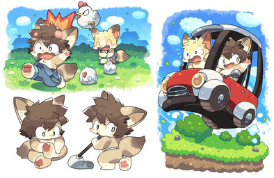 anthro asian_clothing bodily_fluids brown_body brown_fur brown_hair chibi clothed clothing countershading driving duo east_asian_clothing fundoshi fundoshi_only fur golf_cart hair hand_pawpads japanese_clothing kemono male mopping outside overalls pawpads running simple_background sitting sitting_on_ground tears topless underwear underwear_only white_background dogblin avian bird canid canine chicken fox galliform mammal phasianid 2026 chinese_description hi_res