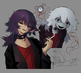 black_clothing black_collar black_jacket black_topwear blue_eyes bodily_fluids cigarette clothing collar duo eye_scar facial_scar female grey_background grey_body grey_skin hair holding_cigarette holding_object human_focus jacket knife looking_at_viewer not_furry not_furry_focus open_mouth open_smile purple_hair red_clothing red_shirt red_topwear scar shirt simple_background smile smoke smoking smoking_cigarette sweat topwear white_hair jejejunum jejunum_(jejejunum) eye_creature human mammal 2025 bust_portrait digital_drawing_(artwork) digital_media_(artwork) hi_res portrait
