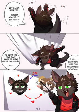 anthro black_body black_clothing black_fur black_hair black_jacket black_topwear bodily_fluids chart chibi clothed clothing comic_panel flow_chart fur green_eyes hair heart_symbol jacket jumping male motion_lines pointer red_clothing red_shirt red_topwear shirt smile solo speech_bubble sweat sweatdrop teeth text topwear booboo34 joe_turner bovid caprine goat hybrid kangaroo macropod mammal marsupial rhinoceros absurd_res comic english_text hi_res thai_text