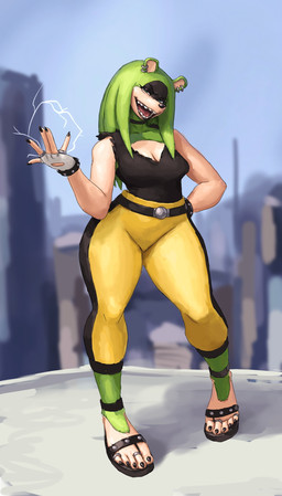 5_fingers 5_toes abstract_background anthro belt big_breasts black_lipstick black_nails blue_eyes bottomwear bracelet breasts choker cleavage clothed clothing colored_nails digit_ring ear_piercing electricity electricity_manipulation elemental_manipulation eyelashes facial_markings feet female finger_ring fingerless_gloves fingers footwear fur gloves greek_toe green_body green_fur hair_down handwear head_markings high_waisted_bottomwear humanoid_feet humanoid_hands jewelry lips lipstick looking_at_viewer makeup markings mask_(marking) nails necklace open_mouth open_smile pants piercing plantigrade ring sandals sharp_nails sharp_teeth shoes simple_background sleeveless_shirt smile solo standing studded_bracelet studded_jewelry studs teeth thick_bottom_lip thick_thighs toe_ring toes wide_hips redustheriotact idw_publishing sega sonic_the_hedgehog_(comics) sonic_the_hedgehog_(idw) sonic_the_hedgehog_(series) surge_the_tenrec afrosoricid mammal tenrec 2025 full-length_portrait hi_res portrait