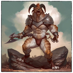 4_horns anthro armor axe black_nose body_hair bracers claws clothing dewclaw happy_trail holding_object holding_weapon horn male melee_weapon mohawk multi_horn muscular muscular_male open_mouth outside pauldron rock solo standing teeth tongue underwear weapon taran_fiddler favenier bovid canid canine caprine goat hybrid mammal 1:1 2022 hi_res