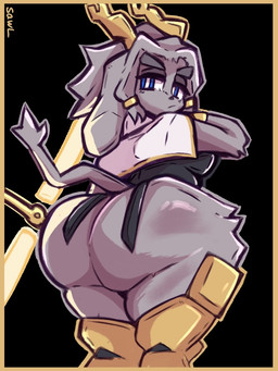 2_horns accessory anthro antlers armor big_breasts big_butt black_clothing black_topwear blue_eyes bottomless bracelet breasts butt capelet clothed clothing female fur gold_(metal) gold_bracelet gold_jewelry grey_body grey_fur grey_hair hair horn huge_butt huge_hips jewelry leg_armor looking_at_viewer looking_back rear_view solo thick_thighs topwear white_capelet white_clothing wide_hips yellow_antlers yellow_armor notsawl pseudoregalia sybil_(pseudoregalia) bovid caprine goat hybrid jackalope lagomorph leporid mammal rabbit 3:4