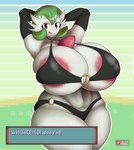 areola big_breasts breasts female green_hair hair hands_behind_head huge_breasts looking_at_viewer not_furry pink_areola solo text tongue white_body ai_od nintendo pokemon gardevoir generation_3_pokemon humanoid pokemon_(species) 2023 absurd_res english_text hi_res