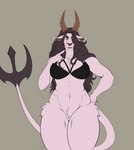 anthro bra brown_hair clothing female forked_tail gesture hair hand_gesture hand_on_hip horn pointing pointing_at_self red_eyes solo tail underwear unusual_anatomy unusual_tail violent-pentakill_(artist) wendy_(beatleboy62) jersey_devil hi_res