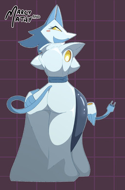 anthro blue_hair blush breasts cable_tail clothing electrical_cord electrical_plug electrical_plug_tail female floating_hands hair machine smile solo tail thick_thighs yellow_eyes marcyandmathy mathythemathy deltarune undertale_(series) tasque_manager darkner felid feline mammal robot absurd_res hi_res