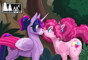 alternate_form bodily_fluids chest_tuft duo female feral grumpy hair horn nose_to_nose plant ponytail sweat tree tuft wings pookawoods friendship_is_magic hasbro my_little_pony mythology pinkie_pie_(mlp) twilight_sparkle_(mlp) earth_pony equid equine horse mammal mythological_creature mythological_equine pony winged_unicorn