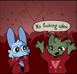 ambiguous_anthro ambiguous_gender anthro black_border blue_body blue_fur border cheek_tuft crowd dialogue eye_contact facial_tuft fur green_body green_fur group head_tuft heart_symbol long_ears looking_at_another open_mouth open_smile silhouette smile speech_bubble text tuft crow-ig cult_of_the_lamb massive_monster_(studio) domestic_cat felid feline felis lagomorph leporid mammal rabbit 2025 english_text