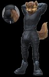 anthro athletic big_bulge black_clothing black_nose boots bottomwear brown_body brown_eyes brown_fur bulge cargo_pants clothing combat_boots combat_shirt cutaway digitigrade digitigrade_boots footwear fur hands_behind_head looking_at_viewer male markings pants raised_arms shirt shoes smile smiling_at_viewer solo spots spotted_body spotted_fur tactical_pants tail tan_body tan_fur topwear dsw7 jarl_hyena hyena mammal spotted_hyena 2023 alpha_channel hi_res