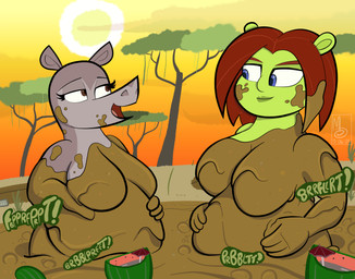 africa anthro belly big_belly big_breasts big_butt breasts bubble butt dirty duo eyelashes fart fart_cloud fart_fetish female female/female female_farting fondling food fruit gas gassy hair melon messy mud mud_bath mud_covered mud_pit muddy not_furry onomatopoeia overweight overweight_female plant self_fondle smelly smile sound_effects text thick_thighs wam watermelon sebaku dreamworks madagascar_(series) shrek_(series) gloria_(madagascar) princess_fiona common_hippopotamus hippopotamid mammal ogre absurd_res digital_media_(artwork) hi_res