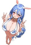 accessory big_breasts bikini blue_hair blush bow_ribbon braided_hair breasts bulging_breasts circle_eyebrows clothing collarbone double_v_sign eyebrows eyelashes feet female gesture glistening glistening_breasts hair hair_accessory hair_bow hair_ribbon hand_gesture huge_breasts inner_ear_fluff looking_at_viewer red_eyes ribbons solo swimwear tuft two-piece_swimsuit v_sign white_hair kntrs hololive vtuber pekomama animal_humanoid humanoid lagomorph lagomorph_humanoid leporid_humanoid mammal mammal_humanoid rabbit_humanoid 2025 hi_res