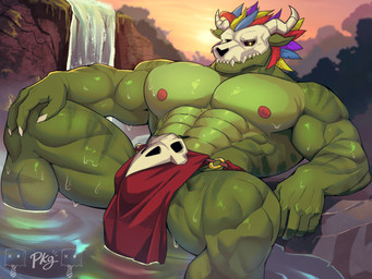 abs anthro big_muscles big_pecs bone bone_mask bottomwear clothing green_body loincloth male mask muscular muscular_anthro muscular_male nipples pecs skull skull_accessory skull_mask solo paperbagguydude terraria witch_doctor_(terraria) lihzahrd lizard lizardman reptile scalie 4:3 hi_res
