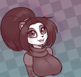 accessory anthro big_breasts black_body black_fur black_hair black_nose breasts checkered checkered_background clothing countershade_face countershading female fishnet_clothing fishnet_gloves fishnet_handwear fur gloves hair hair_accessory hair_ring handwear long_hair looking_at_viewer ninja open_mouth pattern_background ponytail simple_background solo teeth tongue warrior scorpdk blizzard_entertainment warcraft lei_lei bear mammal pandaren 2017 digital_drawing_(artwork) digital_media_(artwork) hi_res monochrome
