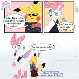 ambiguous_gender anthro anthrofied black_eyes blue_sclera bottomless bottomless_anthro brown_sclera butt clothed clothed_anthro clothed_male clothing dialogue dipstick_ears dipstick_tail duo ear_markings exposed_butt eyebrows fur larger_anthro leg_markings looking_at_another looking_at_butt looking_back looking_back_at_another male markings multicolored_ears partially_clothed pink_body pink_fur plant pokemorph red_cheeks ribbons_(anatomy) simple_background size_difference smaller_anthro smaller_male socks_(marking) sparkles speech_bubble sweater tail tail_markings text topwear tree white_body white_eyes white_fur natycriaarts_(artist) nintendo pokemon kira_(natycriaarts) pico_(natycriaarts) eeveelution generation_1_pokemon generation_6_pokemon humanoid pikachu pokemon_(species) sylveon 1:1 artist_name comic hi_res portuguese_text translated watermark