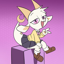 abstract_background ambiguous_anthro ambiguous_gender anthro bottomwear bow_ribbon brown_clothing brown_footwear brown_shoes clothed clothed_ambiguous clothed_anthro clothing collared_shirt crescent_(shape) footwear fully_clothed fully_clothed_ambiguous fully_clothed_anthro gesture grey_bottomwear grey_clothing grey_skirt half-closed_eyes hand_gesture hand_on_knee hand_on_leg head_tuft horn looking_at_viewer narrowed_eyes open_mouth open_smile school_uniform shirt shoes simple_background sitting skirt smile socks solo sweater topwear tuft uniform v_sign white_clothing white_footwear white_socks yellow_clothing yellow_horn yellow_sweater yellow_topwear young young_ambiguous young_anthro hitsuji chikn_nuggit mythology fwench_fwy_(chikn_nuggit) dragon mythological_creature mythological_scalie scalie 1:1 full-length_portrait hi_res portrait nonbinary_(lore)