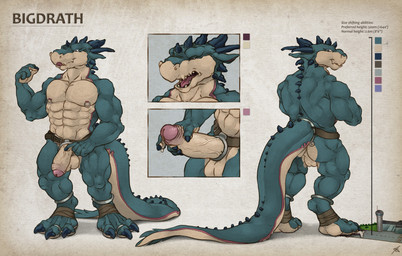 abs accessory anthro balls big_muscles bodily_fluids cock_ring dripping feet foot_wraps foreskin genital_fluids genitals humanoid_genitalia humanoid_penis jewelry licking licking_lips licking_own_lips macro male mostly_nude muscular muscular_anthro muscular_arms muscular_legs muscular_male nipple_piercing nipple_ring nipples non-mammal_balls partially_retracted_foreskin pecs penis penis_accessory penis_jewelry piercing precum precum_drip rear_view ring_piercing self_lick solo tail text tongue tongue_out vein veiny_penis wraps thaz_(artist) european_mythology mythology bigdrath dragon mythological_creature mythological_scalie scalie western_dragon wingless_dragon 2015 english_text full-length_portrait hi_res model_sheet portrait