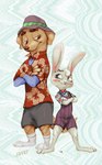 aloha_shirt anthro bulge chastity_cage chastity_device clothing duo femboy hat headgear headwear looking_at_another male pattern_clothing pattern_shirt pattern_topwear shirt style_emulation topwear laser_(artist) disney zootopia bingus_(rawdawgcomics) stahli_(rawdawgcomics) canid canine canis domestic_dog lagomorph leporid mammal rabbit 2025