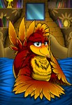 2016 anthro avian banjo-kazooie beak bed bedroom_eyes blush book breegull feathers female furniture green_eyes kazooie kitsune_youkai narrowed_eyes rareware red_body red_feathers seductive shaded solo wings yellow_body yellow_feathers