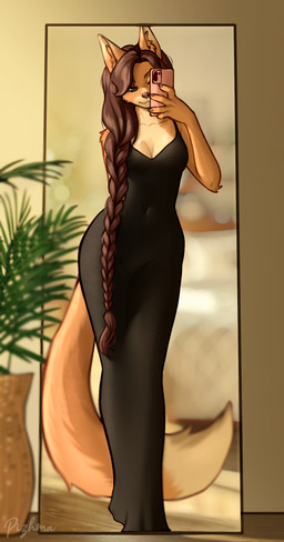 5_fingers anthro biped braided_hair breasts brown_body brown_fur brown_hair brown_tail cellphone claws clothed clothed_anthro clothed_female clothing dress electronics female finger_claws fingers front_view fur green_eyes hair holding_cellphone holding_object holding_phone inner_ear_fluff inside long_hair long_legs mirror navel phone plant smile solo standing tail tuft pizhma canid canine fox mammal 2026 digital_drawing_(artwork) digital_media_(artwork) hi_res