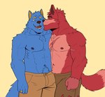 anthro arm_scar arm_tuft belly_hair biceps blue_body body_hair bottomwear chest_hair chest_scar clothed clothing deltoids digit_ring duo ear_piercing ear_tuft elbow_tuft eyes_closed happy hug intimate jewelry kissing male male/male manly muscular muscular_arms navel nipples open_mouth pants pants_only pecs piercing red_body ring romantic romantic_couple scar shoulder_tuft simple_background smile standing topless triceps tuft wedding_ring white_background naikuma canid canine mammal 2024 absurd_res hi_res