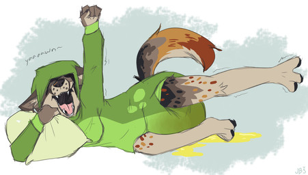 3_toes 4_fingers ambiguous_gender anthro big_diaper black_body black_fur black_nose black_spots black_tail bodily_fluids brown_body brown_ears brown_fur brown_inner_ear brown_tail clothed clothing diaper diaper_under_clothing diaper_under_onesie dipstick_tail ears_down fangs feet fingers front_view fur genital_fluids green_onesie holding_object holding_pillow inner_ear_fluff leaking_diaper lying markings multicolored_body multicolored_fur multicolored_spots multicolored_tail on_pillow on_side onesie open_mouth open_smile orange_body orange_fur orange_spots orange_tail orange_tail_tip pillow pivoted_ears red_spots simple_background smile solo spots spotted_body spotted_fur spotted_markings spotted_tail stretching tail tail_markings tan_body tan_fur tan_inner_ear_fluff tan_tail teeth toes tuft unclean_diaper urine urine_on_ground urine_pool urine_stain used_diaper wearing_diaper wet_diaper whisker_spots yawn yellow_pillow juneberrysprout bri_(kalash) canid canine canis coyote mammal full-length_portrait portrait signature trans_(lore) trans_woman_(lore)