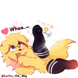 black_clothing black_stocking blue_eyes clothing emanata featureless_crotch female floppy_ears fluffy fur hair heart_symbol legwear lying on_side pattern_clothing pattern_legwear pawpads small_snout solo sparkles stockings striped_clothing striped_legwear stripes surprised tail yellow_body yellow_fur kochu_the_dark_moon bird_dog canid canine canis domestic_dog golden_retriever hunting_dog mammal retriever 1:1 digital_media_(artwork) hi_res