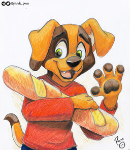 anthro baguette blue_bottomwear blue_clothing bottomwear bread brown_body brown_pawpads clothed clothing dipstick_tail fingerpads floppy_ears food front_view green_eyes logo male markings open_mouth open_smile orange_body pawpads red_clothing red_shirt red_topwear shirt simple_background smile solo tail tail_markings topwear white_background young young_anthro young_male pandapaco canid canine canis domestic_dog mammal artist_logo half-length_portrait portrait signature