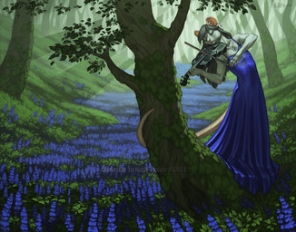 ambiguous_gender anthro bowed_string_instrument clothing day detailed_background dress eyes_closed forest fur grass grey_body grey_fur hair long_hair moss musical_instrument outside plant solo string_instrument tree violin katie_hofgard mammal mouse murid murine rodent 2013 digital_media_(artwork) signature watermark