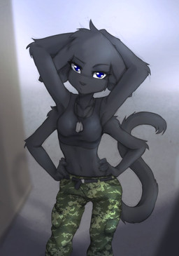 4_arms 5_fingers ahoge anthro arm_tuft belt black_body black_eyebrows black_fur black_hair black_nose blue_eyes blurred_background bottomwear breasts camo camo_bottomwear camo_clothing camo_pants camo_print clothing cowlick dog_tags elbow_tuft eyebrows eyelashes female fingers frown fur hair hands_behind_head hands_on_hips high-angle_view inner_ear_fluff looking_at_viewer looking_up midriff multi_arm multi_limb navel pants pattern_bottomwear pattern_clothing pattern_pants shadow shirt short_hair solo standing tank_top topwear tuft tinygaypirate sarah_xxxii felid feline hybrid mammal 2023 hi_res portrait three-quarter_portrait