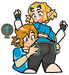 blonde_hair blue_eyes blush butt clothing duo female gameplay_mechanics hair hand_on_butt humanoid_pointy_ears light_body light_skin male male/female not_furry simple_background smile text knic_toons nintendo the_legend_of_zelda link elf humanoid hylian english_text hi_res signature