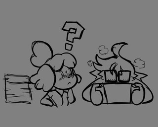 anthro blush clothing collared_shirt confusion duo eyewear female flustered glasses holding_nintendo_switch male nintendo_console question_mark rectangular_glasses shirt topwear wearing_glasses raunchyriot animal_crossing nintendo nintendo_switch isabelle_(animal_crossing) canid canine canis domestic_dog human mammal shih_tzu toy_dog digital_drawing_(artwork) digital_media_(artwork) monochrome