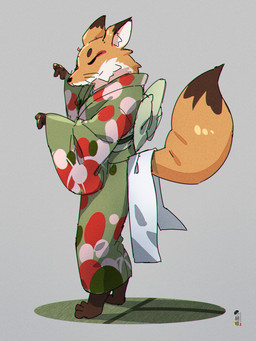 ambiguous_gender anthro asian_clothing biped cjk_character clothed clothed_anthro clothing dipstick_ears dipstick_tail ear_markings east_asian_clothing fur green_clothing inner_ear_fluff japanese_clothing kimono markings multicolored_ears obi orange_body print_clothing simple_background solo standing tail tail_markings tuft whiskers kurokosyou canid canine fox mammal 2022 3:4 digital_media_(artwork) hi_res