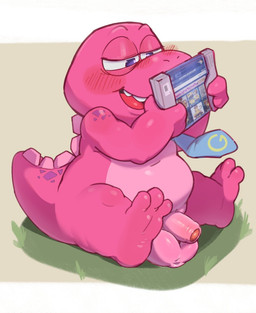 accessory anthro balls belly big_balls blush erection foreskin genitals looking_at_porn male necktie overweight penis pornography purple_body sitting solo srielsnake e621 gameoverse glitch_productions gobbles_(gameoverse) dinosaur prehistoric_species reptile scalie hi_res