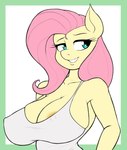 anthro anthrofied areola areola_slip big_breasts blue_eyes border breasts cleavage clothed clothing eyebrows female green_border hair huge_breasts long_hair nipple_outline pink_hair shirt simple_background smile solo tank_top topwear white_background yellow_body sleepyscientist friendship_is_magic hasbro my_little_pony fluttershy_(mlp) equid equine horse mammal pony alternate_version_at_source half-length_portrait hi_res portrait