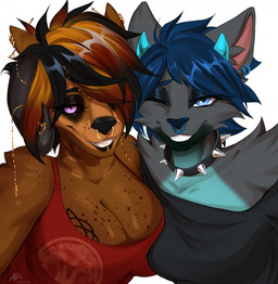 anthro arm_tuft biped black_eyeshadow breasts clothed clothed_anthro clothed_female clothing collar countershade_torso countershading duo ear_piercing eyelashes eyeshadow facial_tuft female freckled_breasts freckles front_view fur glistening_eyelids hair horn long_eyelashes looking_at_viewer makeup piercing shoulder_tuft simple_background smile teeth tuft allatir fiadh_(fiadhsol) lunis_(yuestarla) canid canine mammal 2026 digital_drawing_(artwork) digital_media_(artwork) hi_res