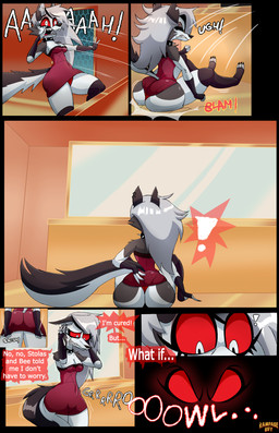 anthro bathroom big_butt butt butt_expansion clothed clothed_anthro clothed_female clothing dialogue dress ear_piercing ear_ring expansion eyelashes falling falling_back falling_backwards falling_down female fingerless_gloves fully_clothed fully_clothed_anthro fully_clothed_female fur gloves glowing glowing_eyes grey_body grey_fur growling handwear legwear mirror notched_ear piercing public_restroom red_clothing red_dress red_eyes red_sclera ring_piercing scared screaming solo speech_bubble text weight_gain white_eyes worried rampageguy hellaverse helluva_boss mythology kaijoona loona_(helluva_boss) canid canid_demon canine demon hellhound mammal monster mythological_canine mythological_creature 2026 absurd_res comic english_text hi_res multiple_scenes