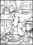 ambiguous_gender anthro apple appliance bag bowl broccoli container cup cutlery food fork fruit furniture kitchen_utensils place_mat plant plate reluctant solo stove table tools vegetable young o-kemono canid canine canis mammal wolf 2019 black_and_white monochrome