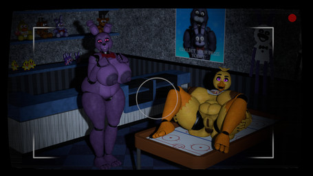 3_toes 5_fingers anthro anus apron areola beak big_areola big_breasts big_nipples bow_tie breasts brown_areola brown_nipples camera_view clothing crossgender decoration desk duo feet female fingers furniture genitals huge_breasts long_ears looking_at_viewer machine mtf_crossgender nipples orange_legs pink_eyes plushie poster puffy_anus purple_areola purple_body purple_eyes purple_nipples shelf spread_legs spreading table thick_thighs toes vulva yellow_body thevestige octal_(modeler) five_nights_at_freddy's scottgames bonnie_(fnaf) chica_(fnaf) animatronic avian bird chicken galliform lagomorph leporid mammal phasianid rabbit robot 16:9 2026 3d_(artwork) digital_media_(artwork) hi_res source_filmmaker_(artwork) widescreen