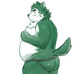 anthro belly big_butt blush butt clothing embarrassed eyebrows fur green_body green_fur jockstrap looking_back male overweight overweight_male solo thick_eyebrows underwear yaki_atsuage lifewonders live_a_hero mokdai canid canine canis domestic_dog mammal 1:1 hi_res monochrome