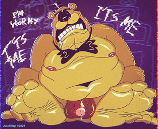 anthro balls belly bodily_fluids bow_tie feet genital_fluids genitals leaking_precum male moobs nude office overweight penis precum solo jusosleep five_nights_at_freddy's scottgames golden_freddy_(fnaf) bear mammal hi_res