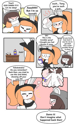 anthro balls beanie bite black_clothing black_hat black_headwear black_shirt black_topwear blush bodily_fluids breasts brown_hair cleavage clothed clothing dialogue duo eyelashes female genitals grey_beanie grey_clothing grey_hat grey_headwear hair hat headgear headwear male navel nude_anthro nude_male orange_hair penis ponytail shirt speech_bubble spray_can tail tears text topwear tonytoran tina_(tonytoran) tony_(tonytoran) chinchilla chinchillid lagomorph leporid mammal rabbit rodent absurd_res comic english_text hi_res