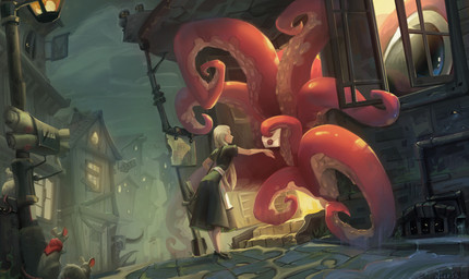 ambiguous_gender apron clothed clothing day detailed_background door drain female feral fog group lamp letter mailbox outside scroll sky street_lamp tentacles window veronika_firsova aquatic avian bird cephalopod human mammal mollusk murid murine owl rat rodent 2017 digital_media_(artwork) hi_res