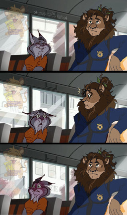 5_fingers anthro bite biting_lip biting_own_lip brown_mane bus clothed clothed_anthro clothed_female clothed_male clothing commercial_vehicle duo female fingers fur grey_body grey_fur humanoid_hands male male/female mane police police_officer police_uniform prison_uniform self_bite tan_body tan_fur uniform vehicle sarahidraws disney zootopia kitty_lynxley canada_lynx felid feline lion lynx mammal pantherine comic hi_res