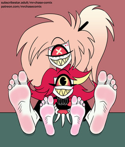 1_eye 4_toes barefoot blush body_blush clothed clothing duo feet female foot_blush foot_focus freckles hair humanoid_feet pink_hair plantigrade sharp_teeth smile soles teeth text toes mrchasecomix hazbin_hotel hellaverse cherri_bomb_(hazbin_hotel) niffty_(hazbin_hotel) cyclops demon demon_humanoid humanoid hi_res url
